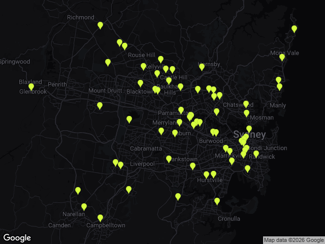 Map of every Smashio badminton venue across Sydney