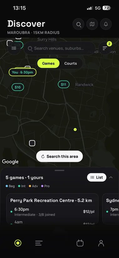 Discover map showing badminton games near Maroubra