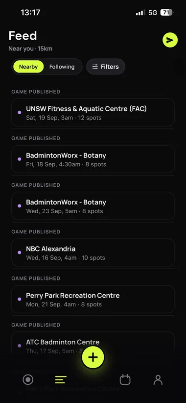 Feed screen with nearby game posts