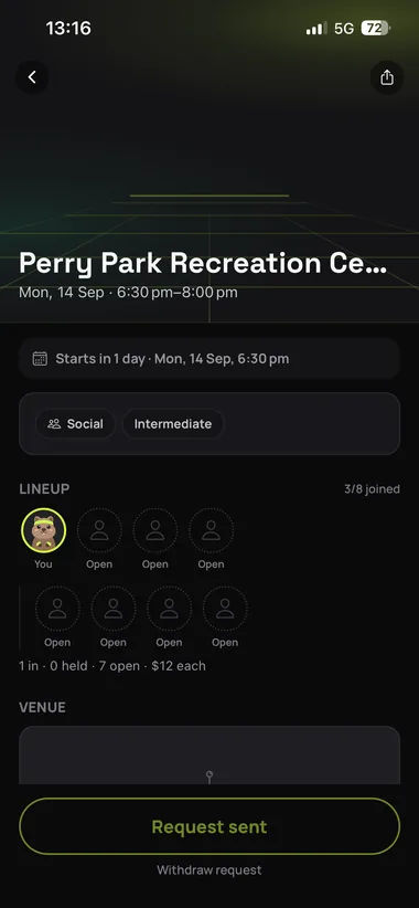 Game detail screen with lineup and open spots