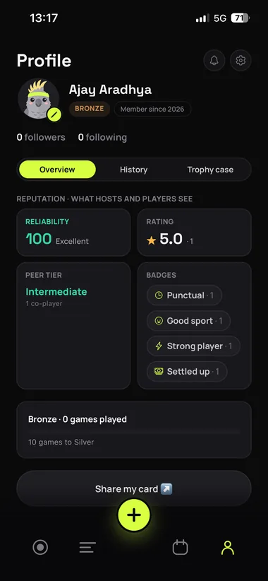 Player profile with reliability score and badges